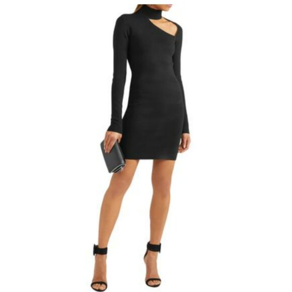 DION LEE Woman Cutout Stretch-knit Turtleneck Black Mini Dress - Picture 2 of 16
